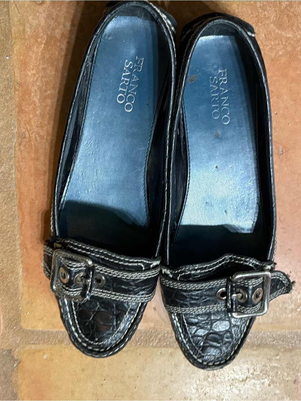 Franco Sarto Black Croc-Embossed Leather Buckle Flats